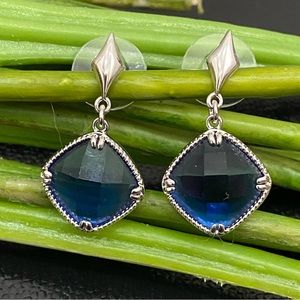 Unsigned Rounded Square-shaped Blue Faceted Crystal Earrings